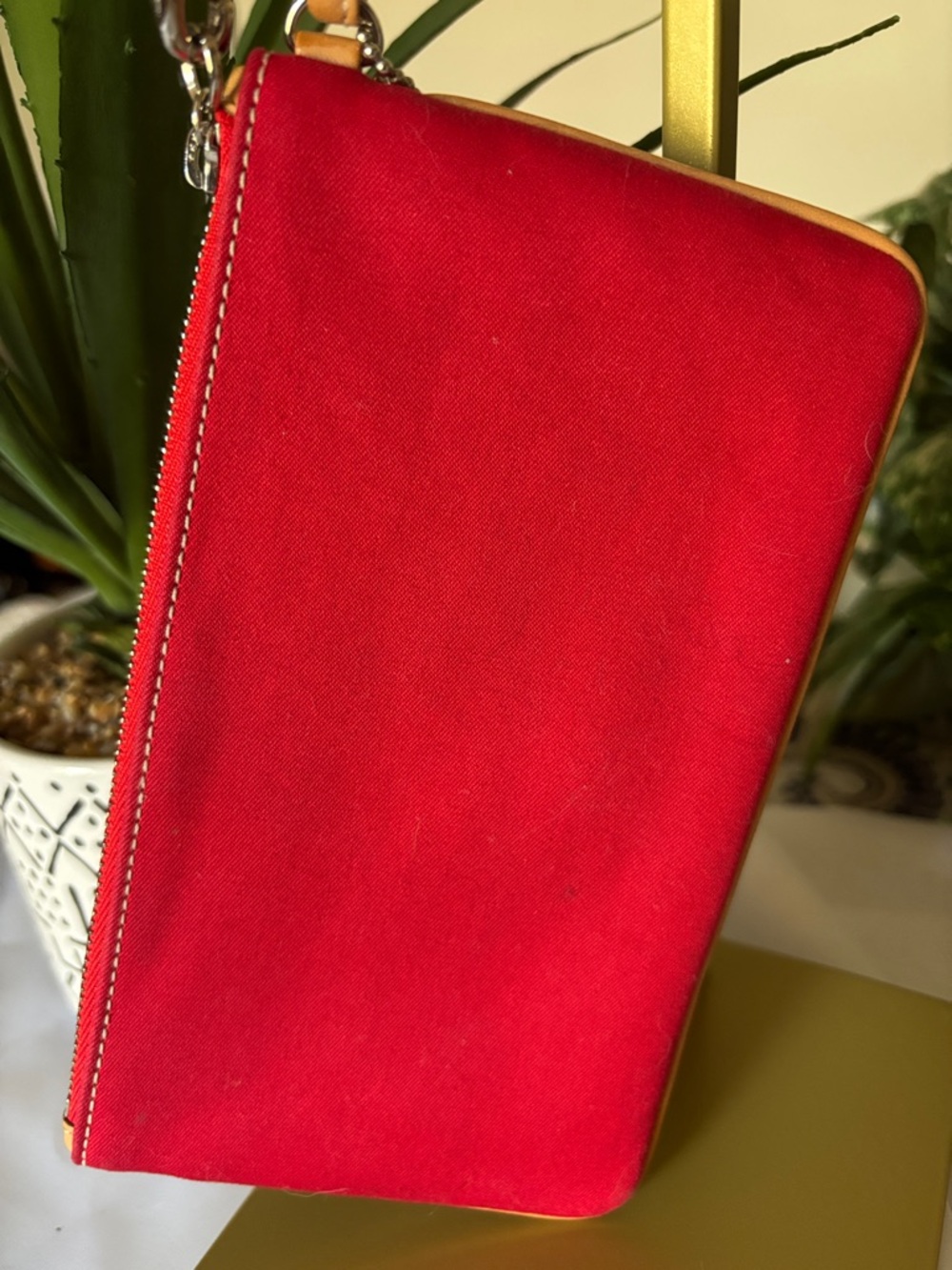 Coach Red Canvas Wristlet with Tan Leather Accents Y2K - Picture 3 of 8